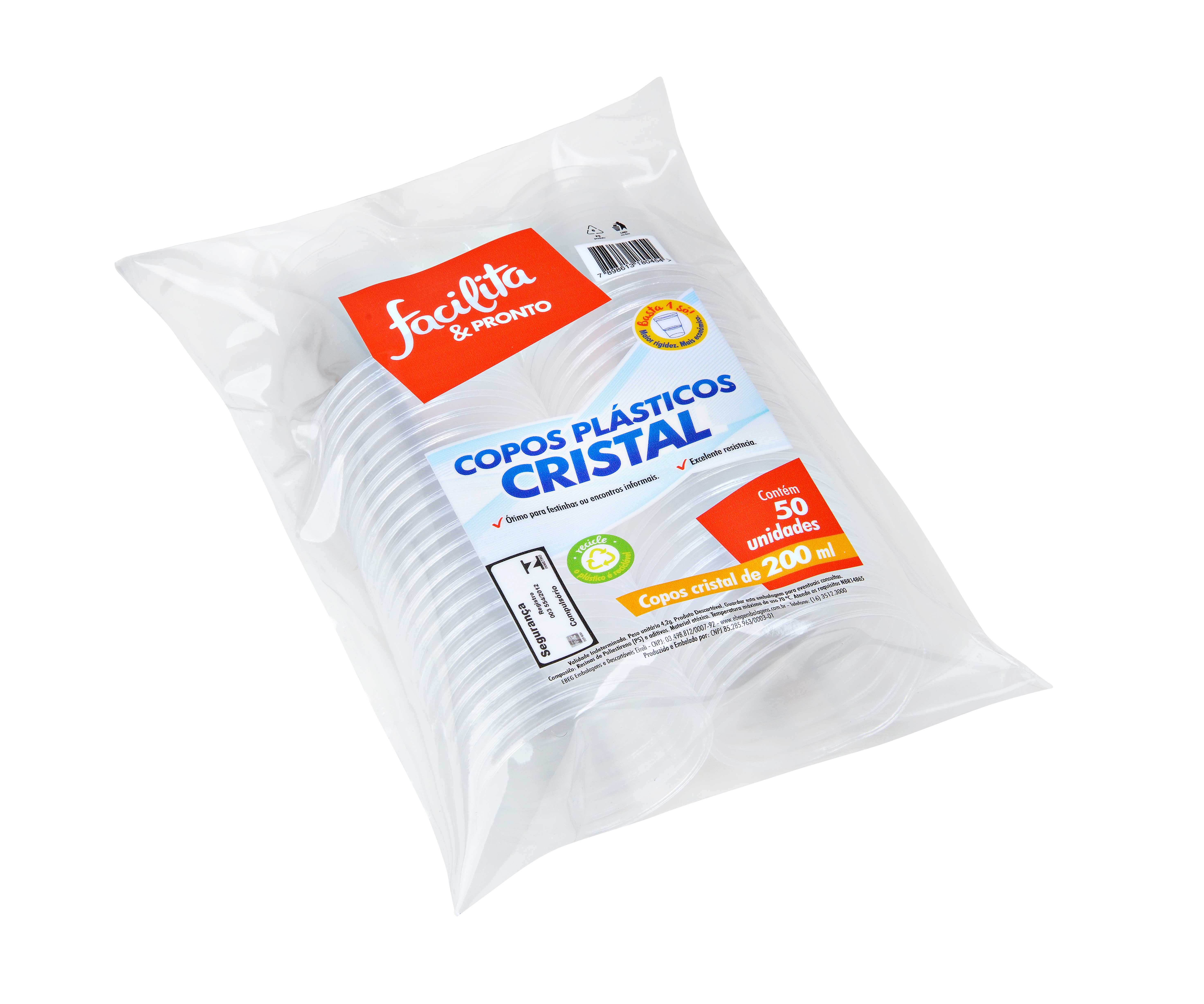 Crystal Disposable Cup 200ml Transparent Facilita & Pronto Pack of 50 units