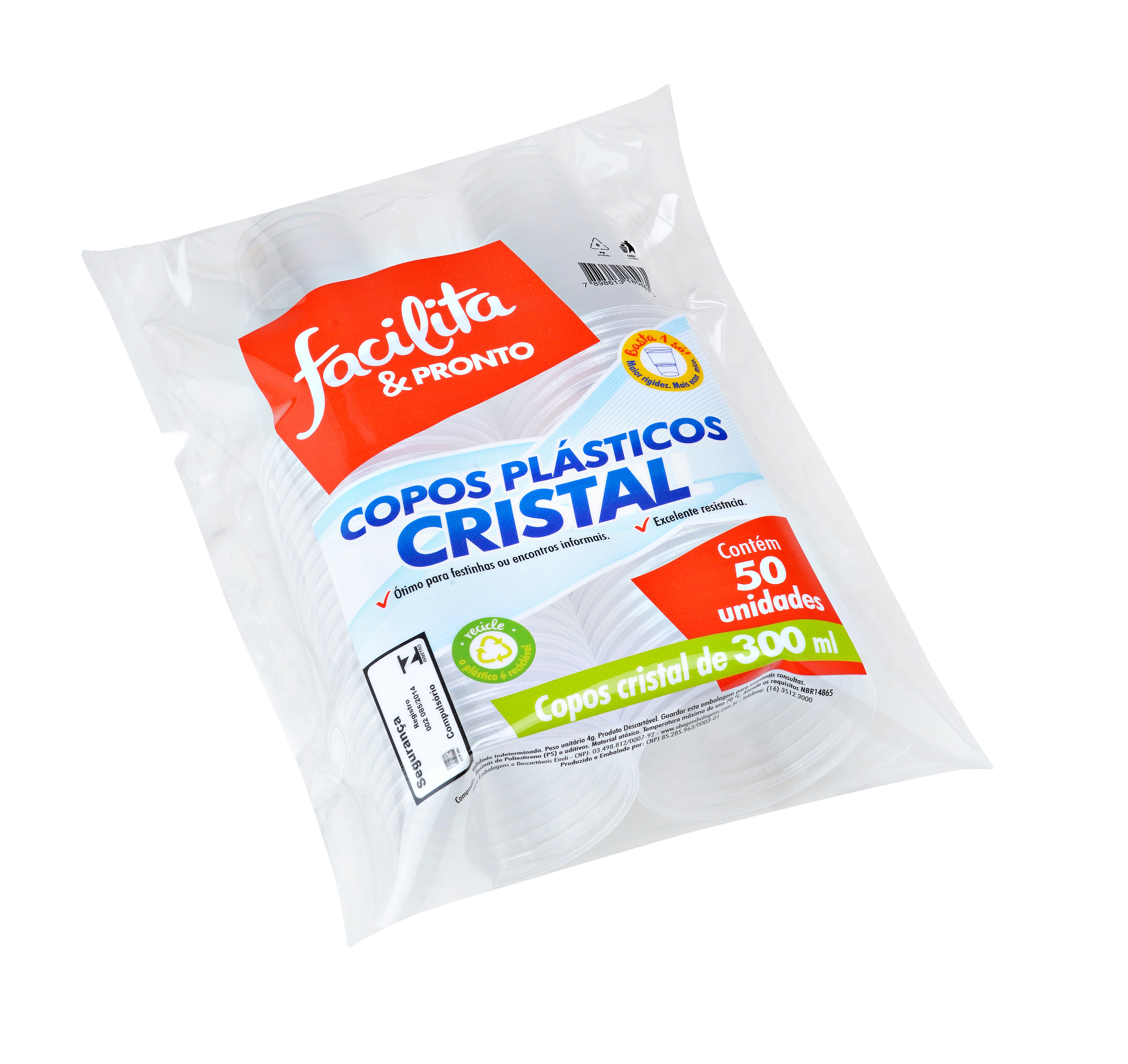 Crystal Disposable Cup 300ml Transparent Facilita & Pronto Pack of 50 units