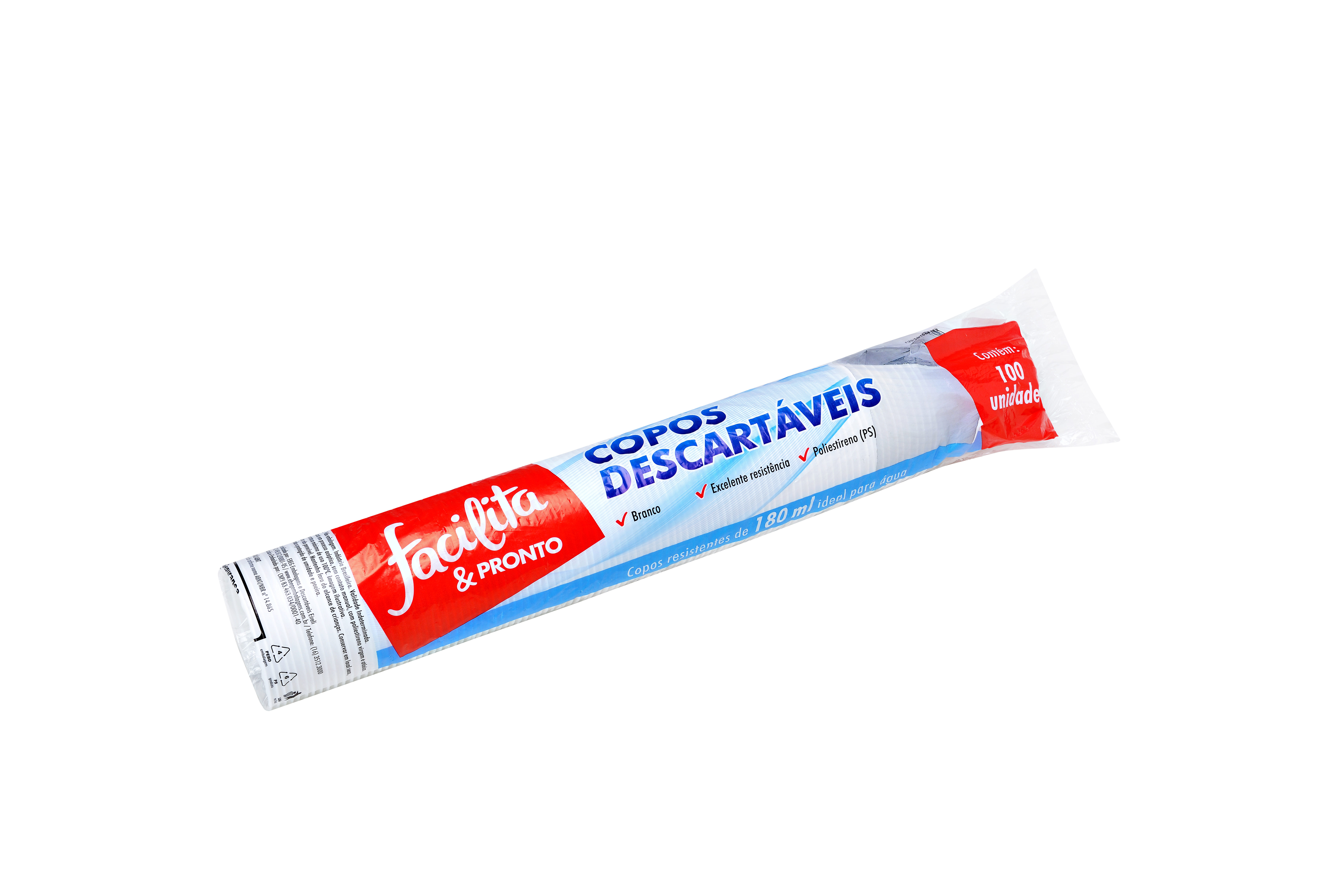 VASO PLÁSTICO 180ML PS BLANCO FACILITA & PRONTO PAQUETE CON 100 UNIDADES