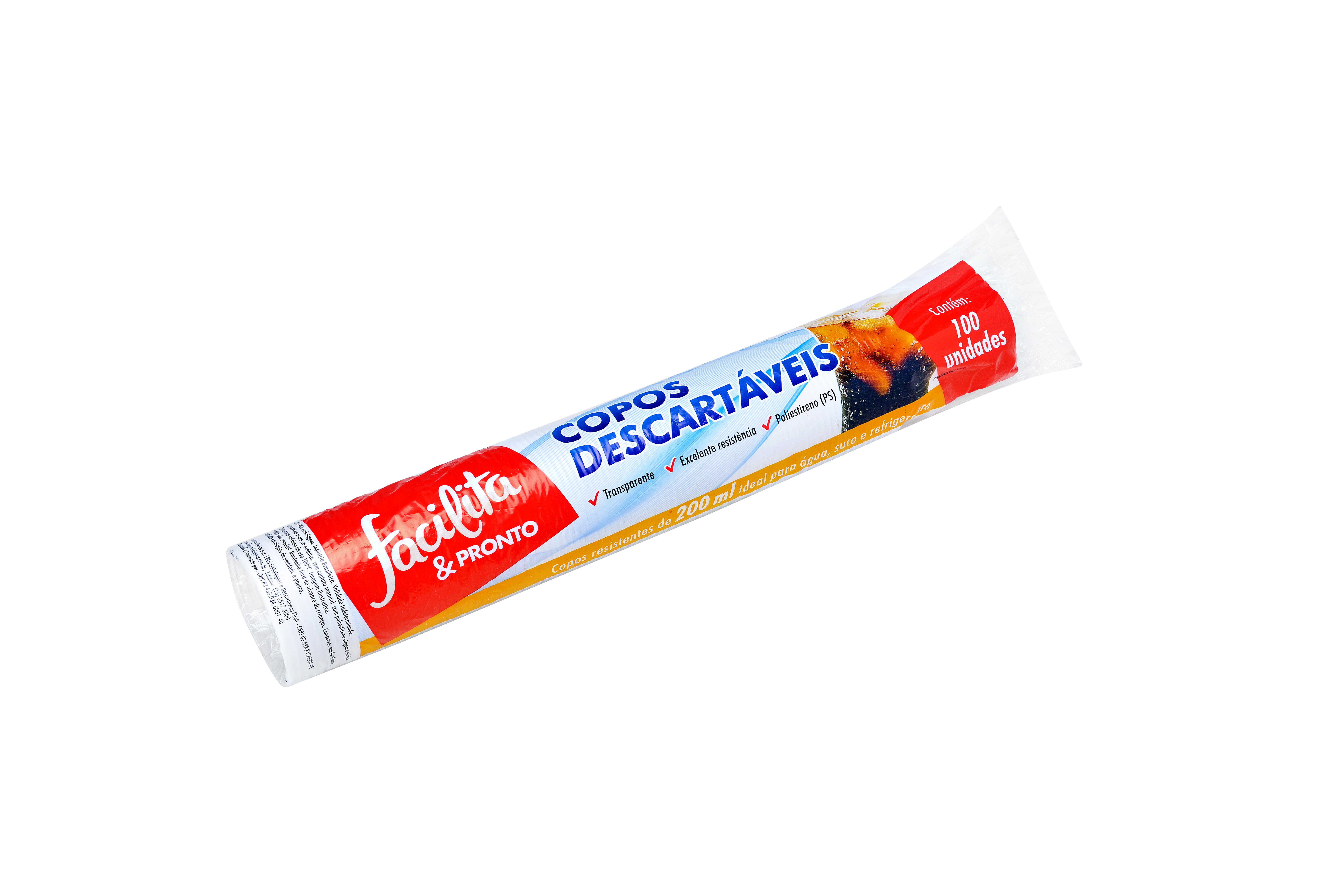 Plastic Cup 200ml PS Transparent Facilita & Pronto Pack of 100 units