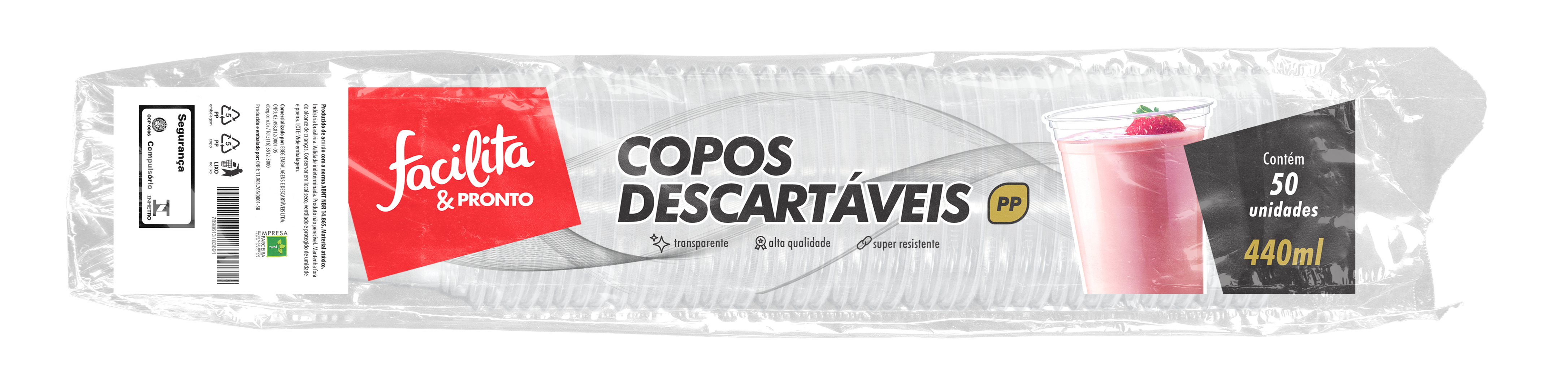 Plastic Cup 440ml PP Smooth Transparent Facilita & Pronto Pack of 50 units