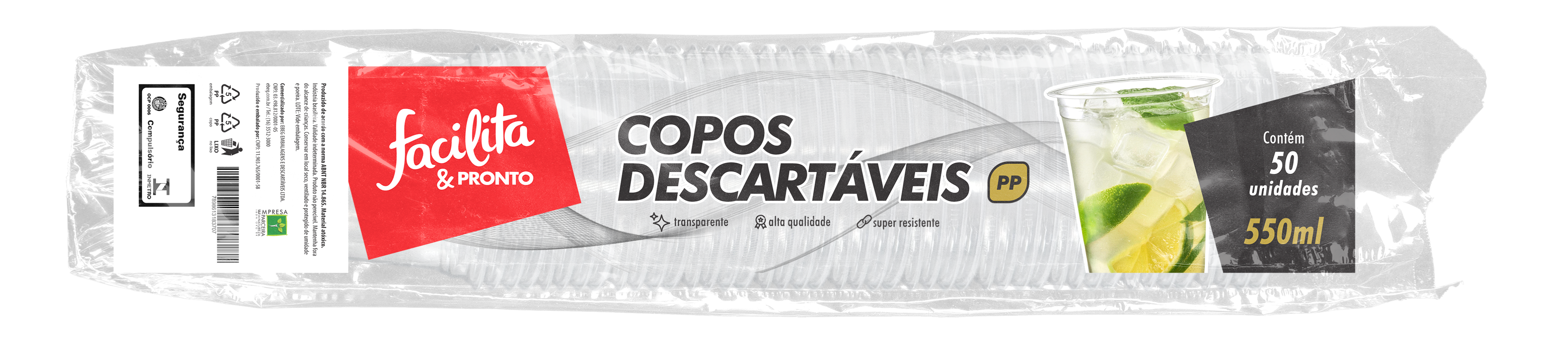 VASO PLÁSTICO 550ML PP LISO TRANSPARENTE FACILITA & PRONTO PAQUETE CON 50 UNIDADES