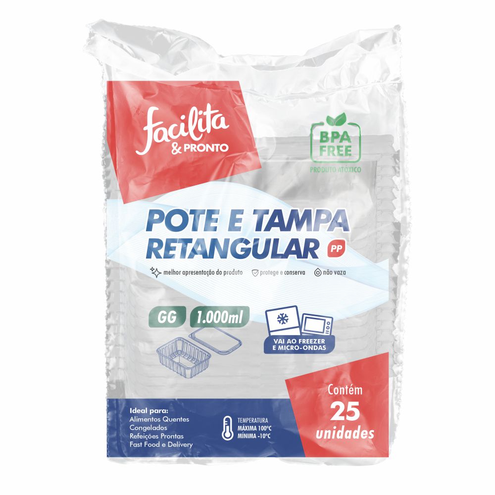 Rectangular PP Freezer/Microwave Container Transparent 1000ml Facilita & Pronto Pack of 25 units