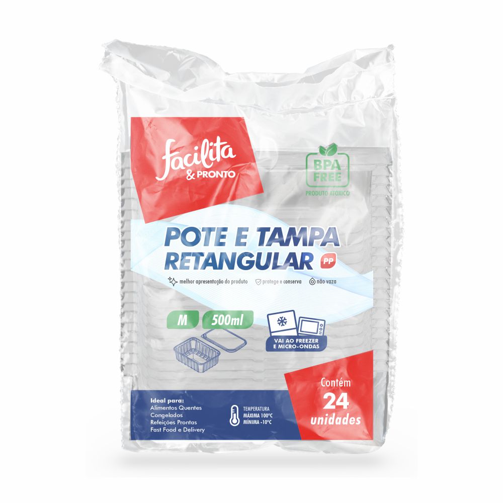 Rectangular PP Freezer/Microwave Container Transparent 500ml Facilita & Pronto Pack of 24 units