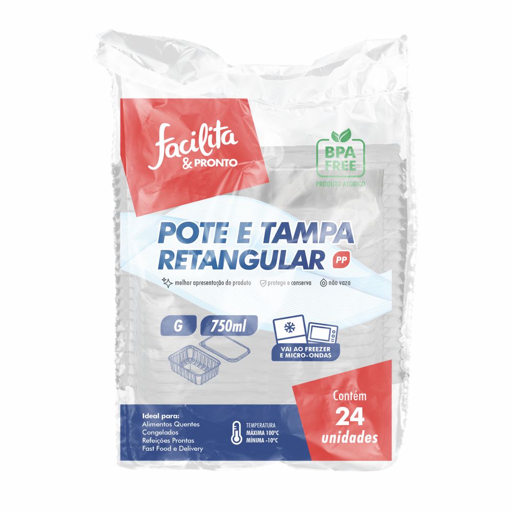 Rectangular PP Freezer/Microwave Container Transparent 750ml Facilita & Pronto Pack of 24 units