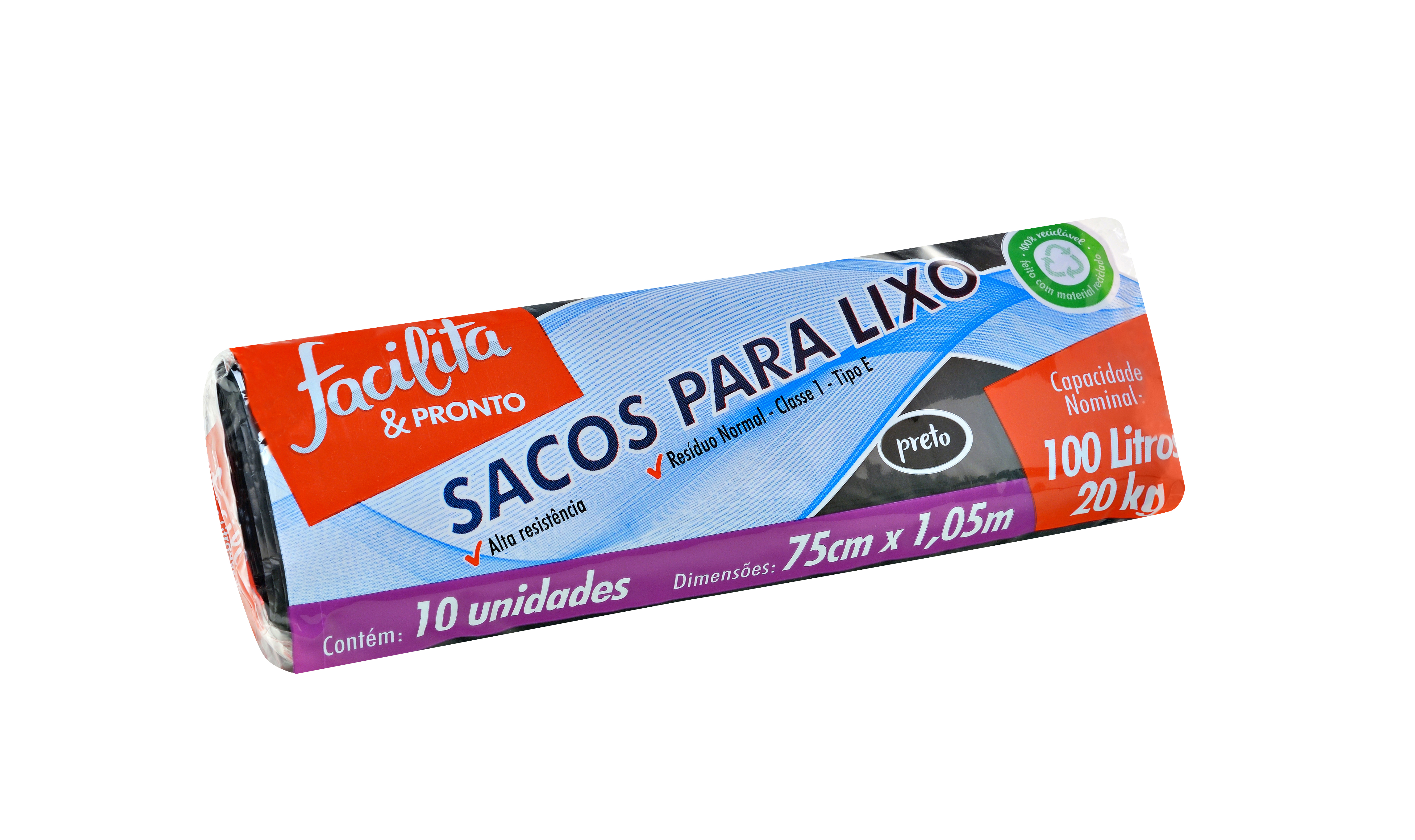 Black Roll Trash Bag 100 liters Facilita & Pronto Pack of 10 units
