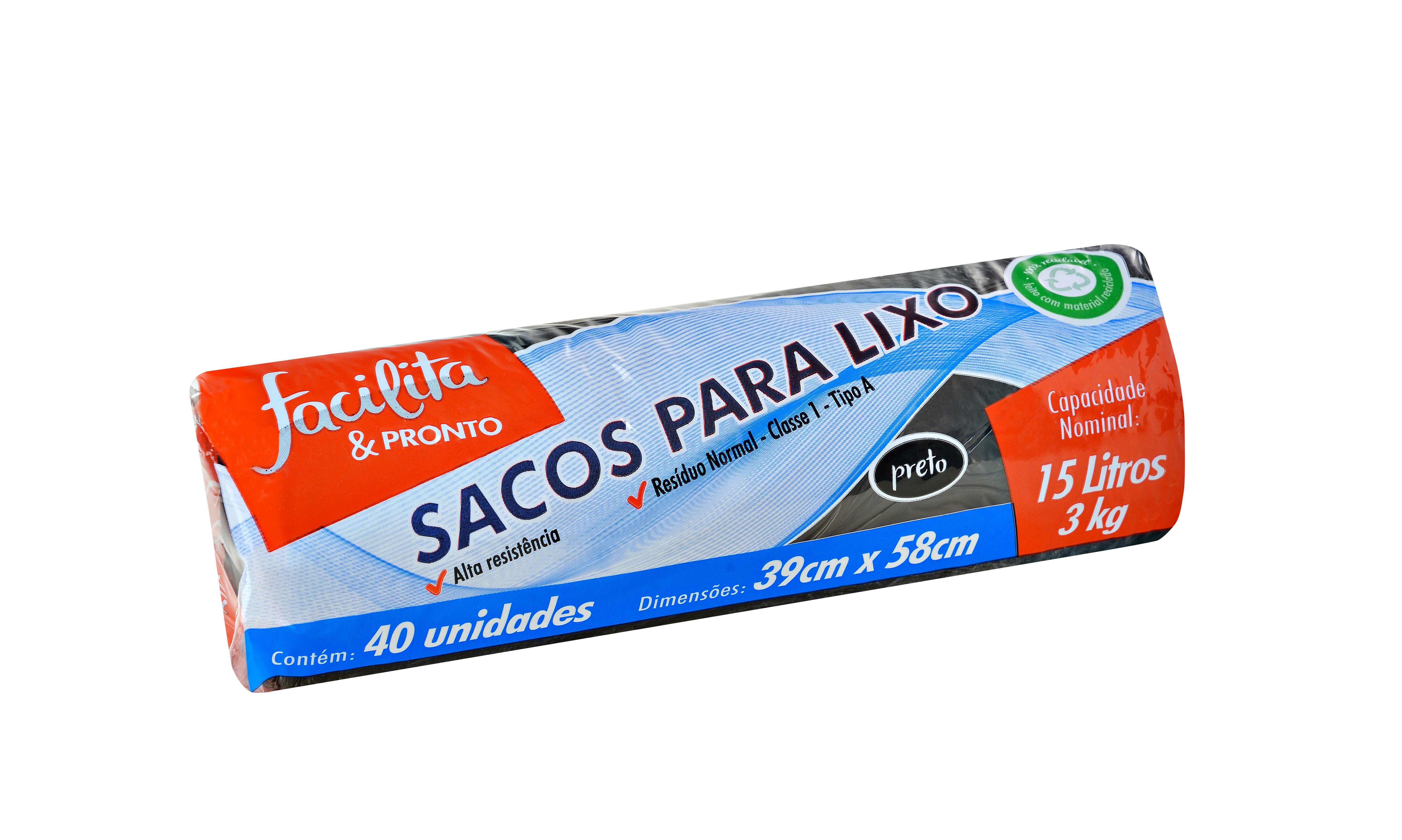 Black Roll Trash Bag 15 liters Facilita & Pronto Pack of 40 units