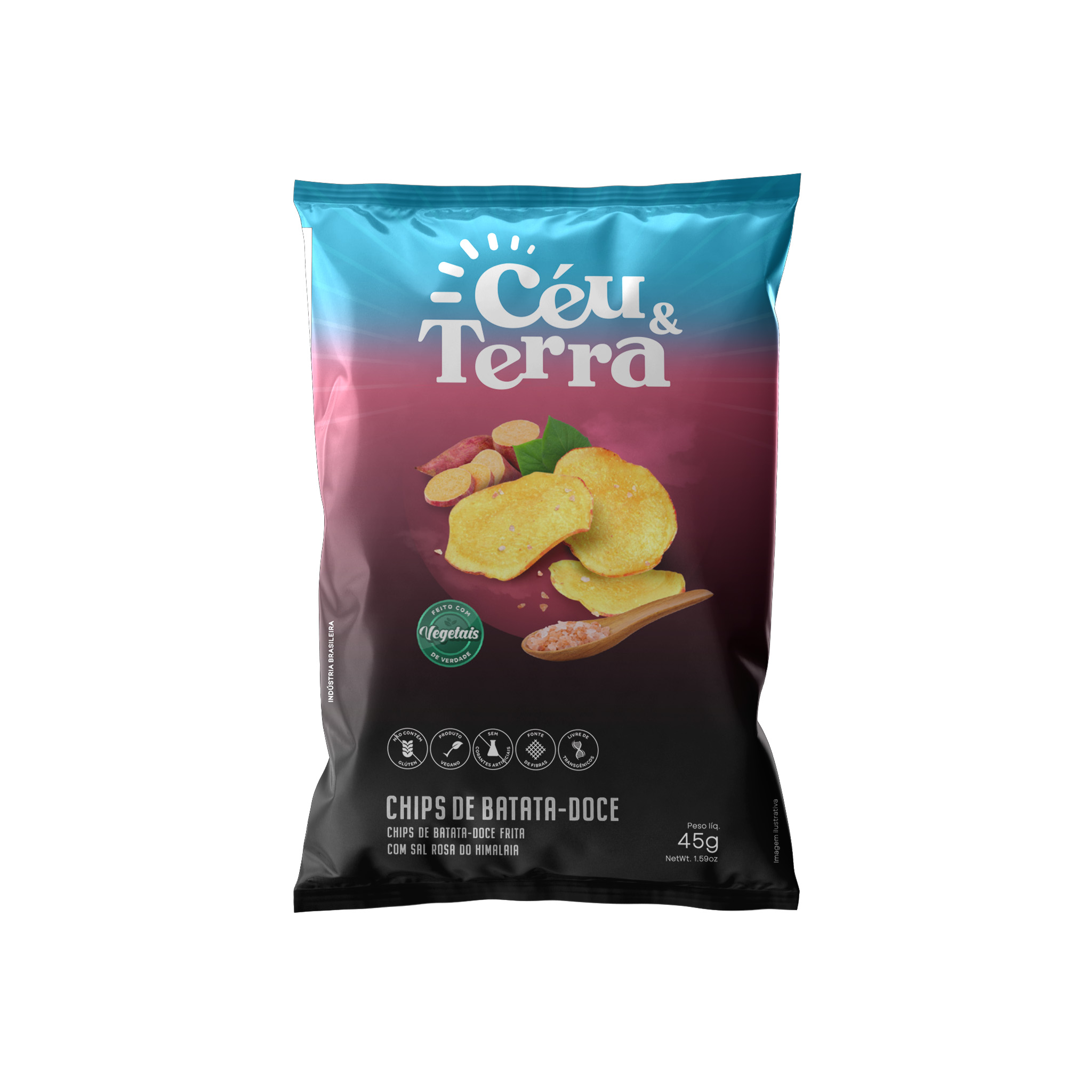 CHIPS DE BATATA DULCE CON SAL ROSADA DEL HIMALAYA CIELO Y TIERRA 45G PAQUETE CON 24 UNIDADES
