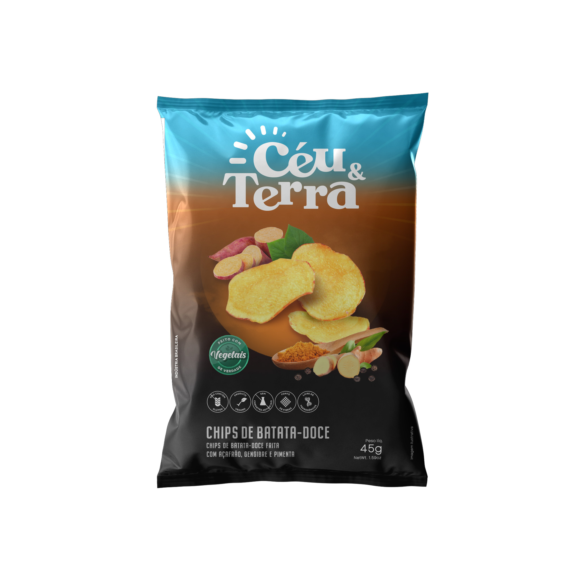 Ceu e Terra Chips de Batata-Doce com Açafrão, Gengibre e Pimenta 45g Pacote com 24 unidades