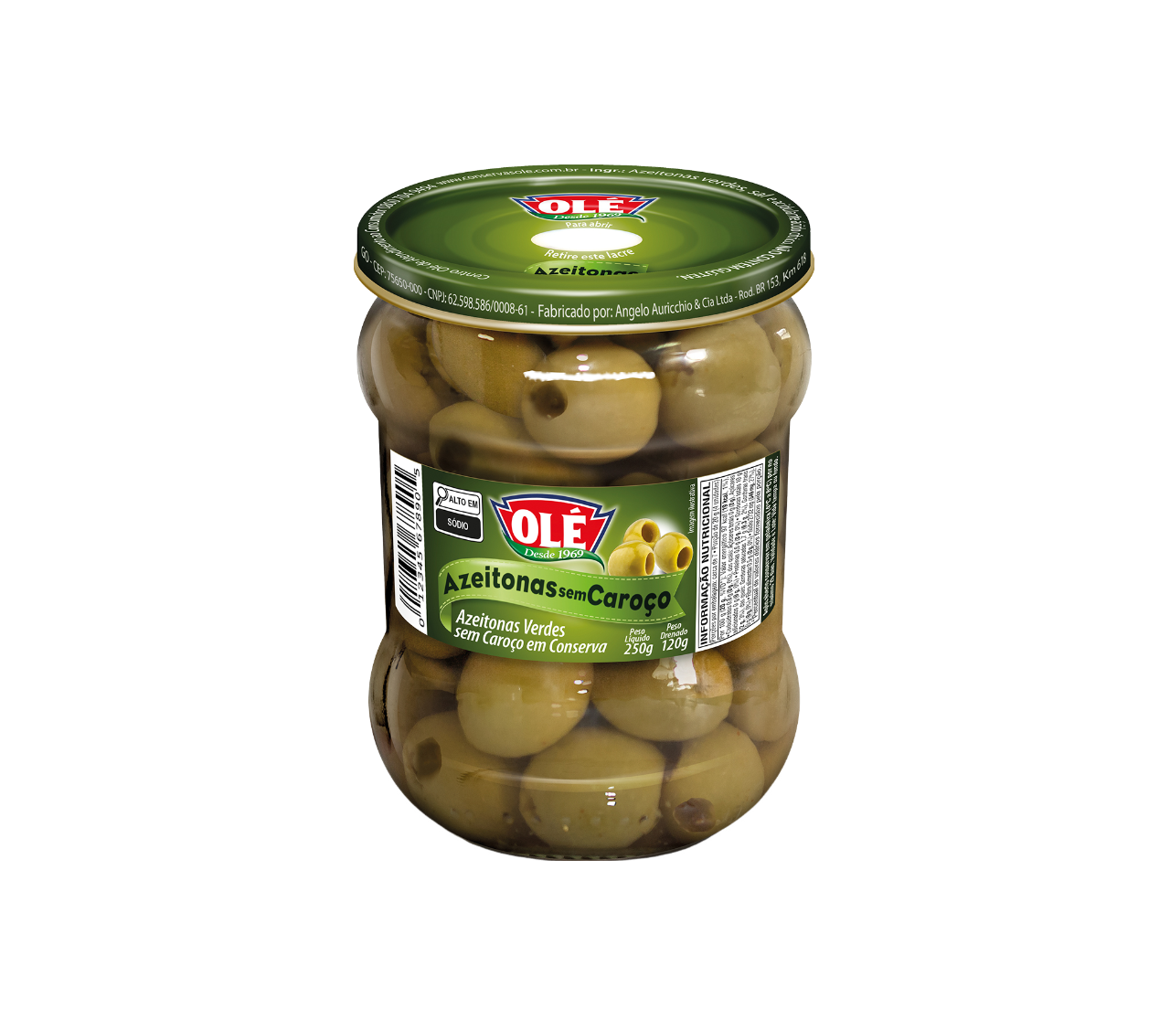 ACEITUNA VERDE SIN HUESO EN FRASCO DE VIDRIO OLÉ 120G CAJA CON 12 UNIDADES